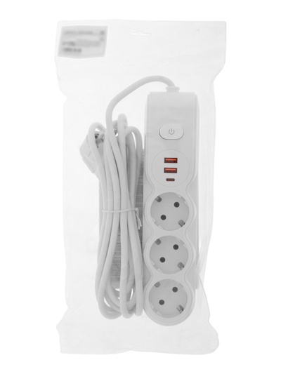 Удлинитель сетевой, 3 розетки, 3 м, 1300 Вт, 3×0.75 мм2, 2 USB-A, USB-C, 2.1 А, с заземлением, с выключателем, белый