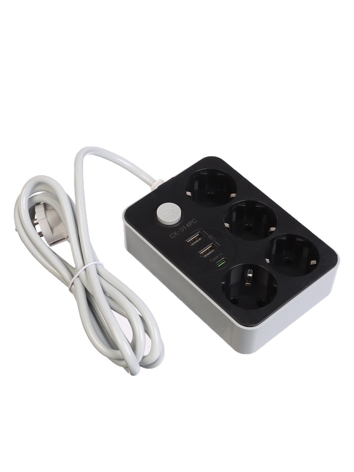 Удлинитель сетевой, 4 розетки, 2 м, 1300 Вт, 3×0.75 мм2, 2 USB-A, USB-C, 2.1 А, с заземлением, с выключателем - Фото 1