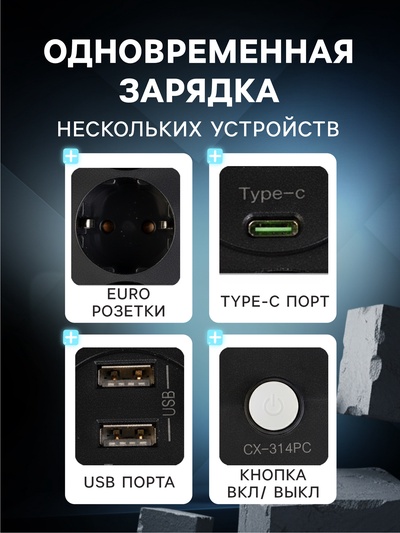 Удлинитель сетевой, 4 розетки, 2 м, 1300 Вт, 3×0.75 мм2, 2 USB-A, USB-C, 2.1 А, с заземлением, с выключателем