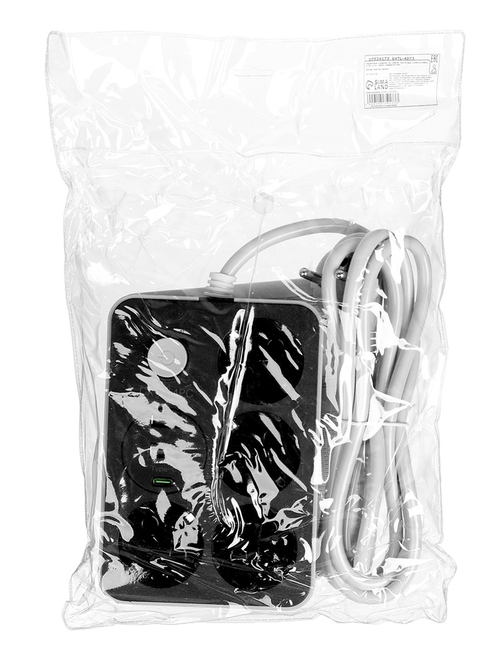 Удлинитель сетевой, 4 розетки, 2 м, 1300 Вт, 3×0.75 мм2, 2 USB-A, USB-C, 2.1 А, с заземлением, с выключателем - фото 51925011