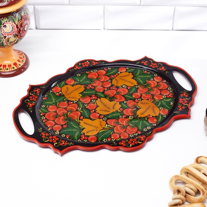 УЦЕНКА Поднос деревянный «Хохлома», овал, ручная роспись, 41×25 см - Фото 1
