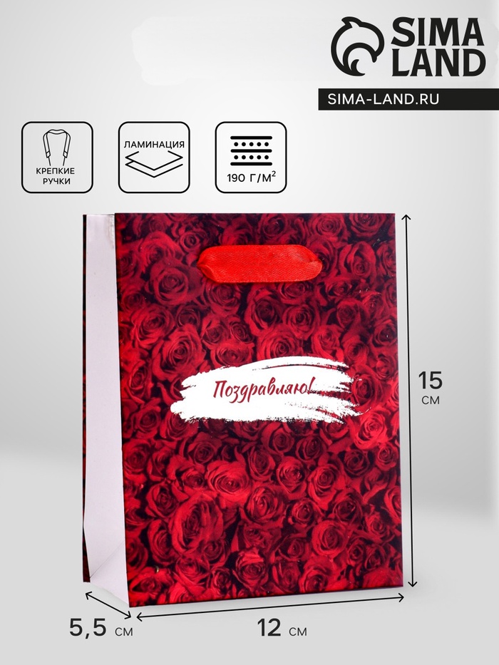Пакет подарочный вертикальный «Поздравляю», S 12×15×5.5 см - Фото 1