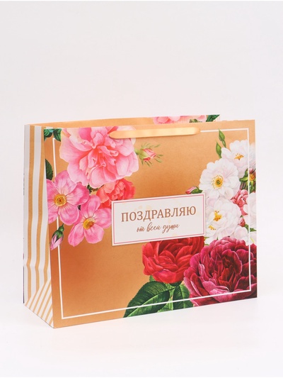 Пакет подарочный горизонтальный «Поздравляю от всей души», 49×40×19 см