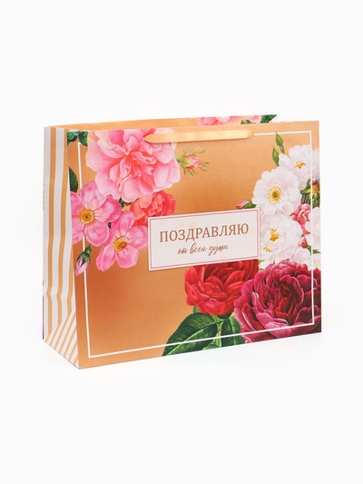Пакет подарочный горизонтальный «Поздравляю от всей души», 49×40×19 см