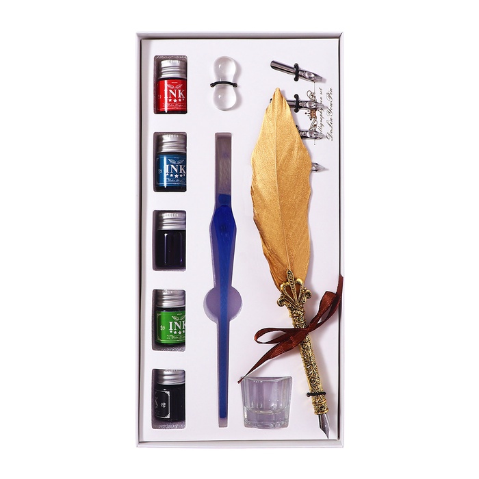 Набор для каллиграфии, перьевая и стеклянная ручка, чернила, подставка, перья 5 штук, чернильница - Фото 1