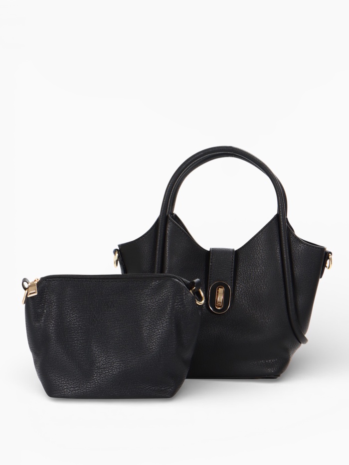 Сумка женская тоут на клапане, с косметичкой, 17×11×22 см, однотонная, чёрная - Фото 1