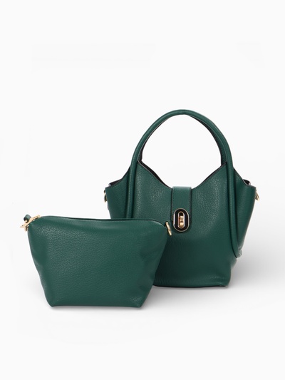 Сумка женская тоут на клапане, с косметичкой, 17×11×22 см, однотонная, тёмно-зелёная