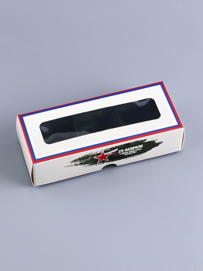 Коробка с обечайкой для 3 конфет, с окном «23 Февраля», 13×5×3.3 см