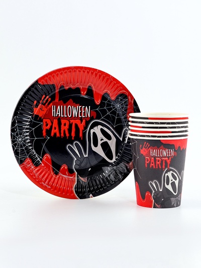Посуда одноразовая бумажная для праздника Halloween party, 6 тарелок, 6 стаканов