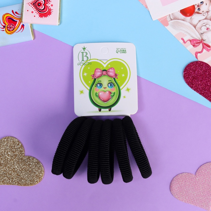 Резинки для волос Выбражулька «Авокадо лав», набор 6 шт., бантик сердце, 4 см, чёрные