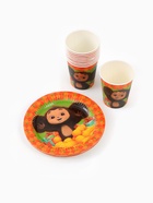 Посуда одноразовая бумажная для праздника, на 10 персон, стакан, тарелка, скатерть, Чебурашка - Фото 3