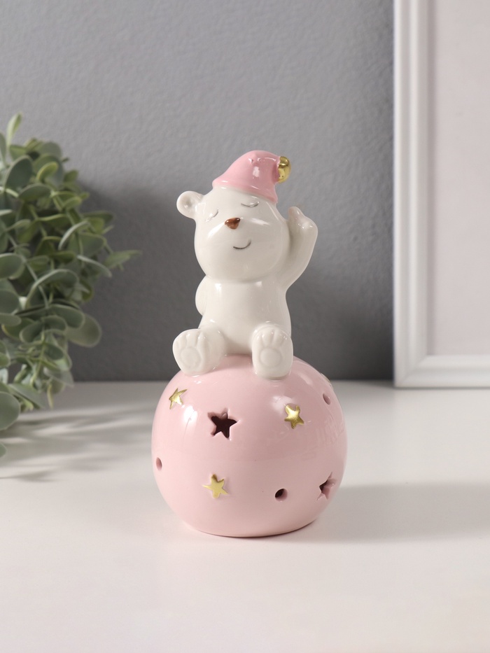 Фигурка светящаяся «Медвежонок в розовом колпаке на шаре со звёздами», керамика, 8×8×15 см - Фото 1