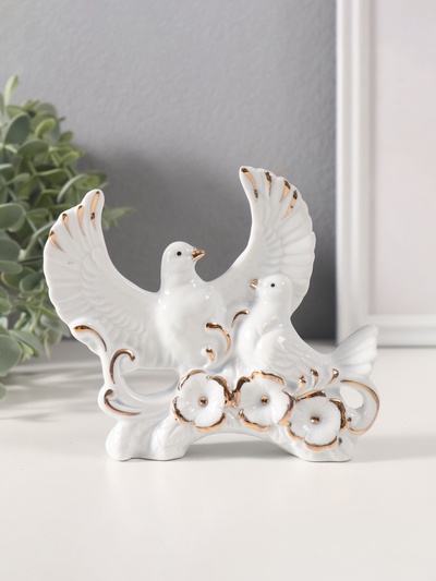 Фигурка керамика «Белые голуби на цветочной ветке», с золотом, 3.5×13.5×11 см