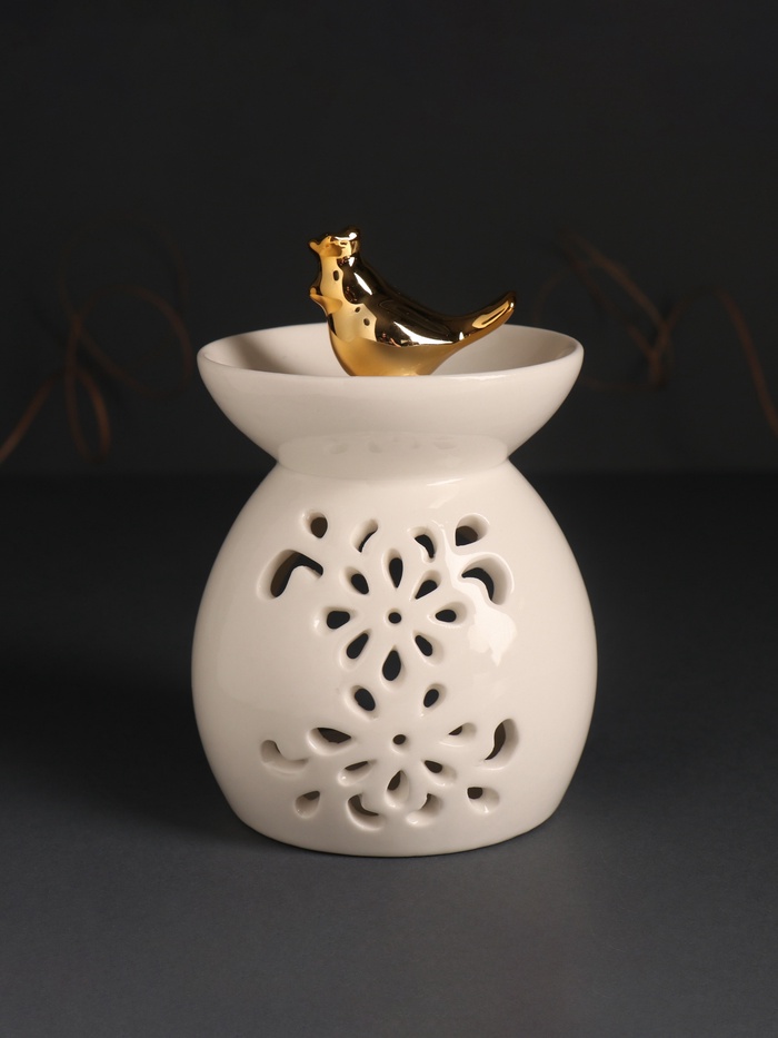 Аромалампа для эфирных масел «Птичка в короне», керамика, белый перламутр, 9×9×13 см - Фото 1