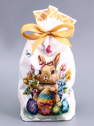 Пакет полиэтиленовый подарочный «Заяц с цветами», с завязками, МИКС, 15×23 см