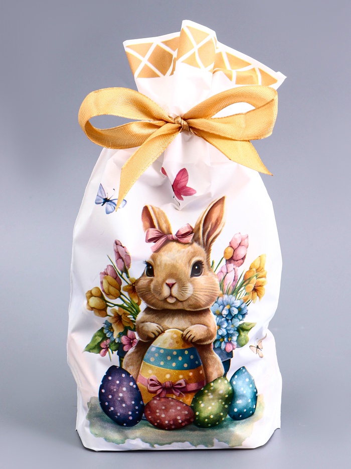 Пакет полиэтиленовый подарочный «Заяц с цветами», с завязками, МИКС, 15×23 см - Фото 1