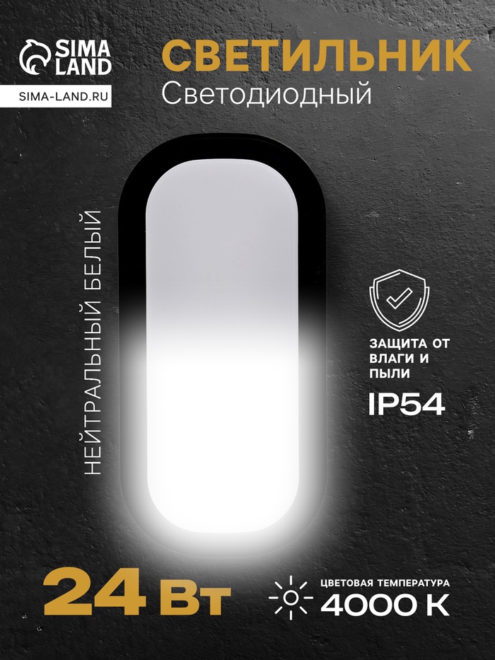Светильник светодиодный герметичный, 24 Вт, IP54, 4000К, 220 В, овал, черный - Фото 1