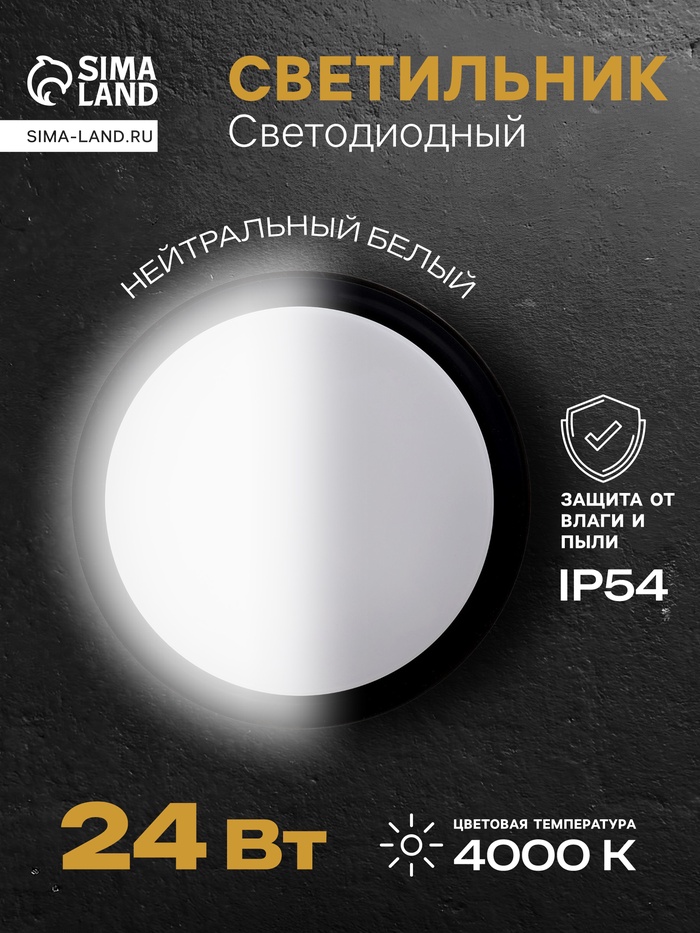 Светильник светодиодный герметичный, 24 Вт, IP54, 4000К, 220 В, круг, черный - Фото 1