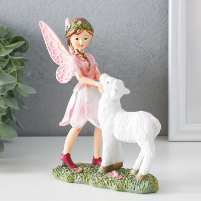 Фигурка полистоун «Девочка-бабочка с барашком на полянке», розовые крылья, 13.5×5.5×15.5 см