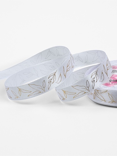 Лента атласная, 15 мм, 23±1 м, золотое тиснение, белая №01