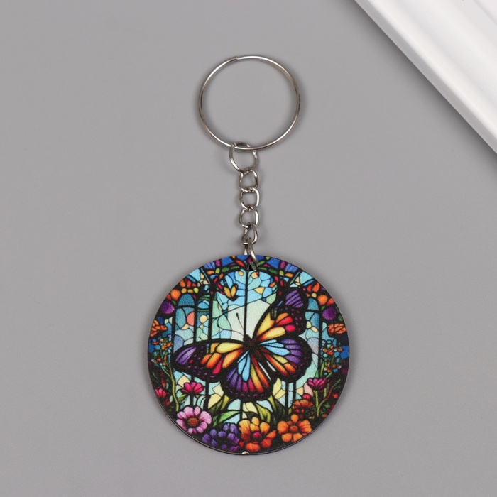Брелок для ключей на кольце «Цветочная бабочка. Витраж», дерево, 4.6×4.6×0.3 см