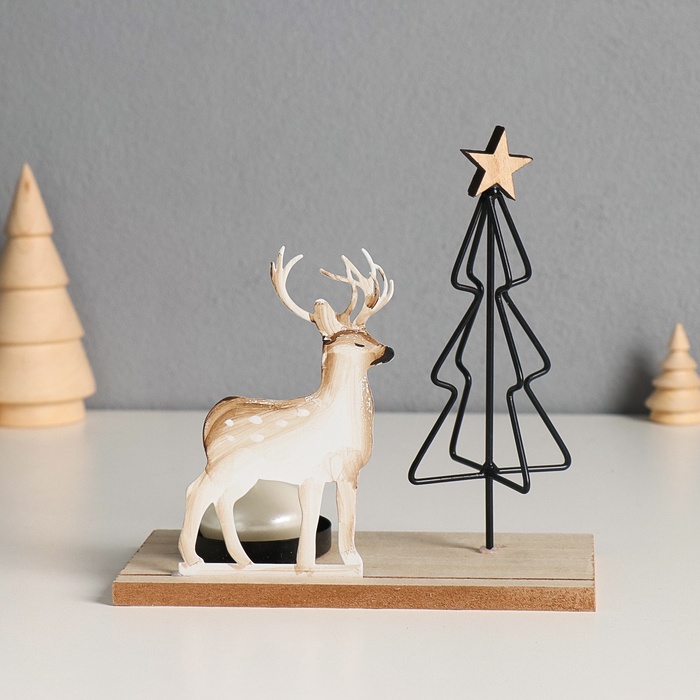 Подсвечник на 1 свечу «Олень у ёлочки», d=4 см, металл, дерево, 7.5×16×16 см - Фото 1