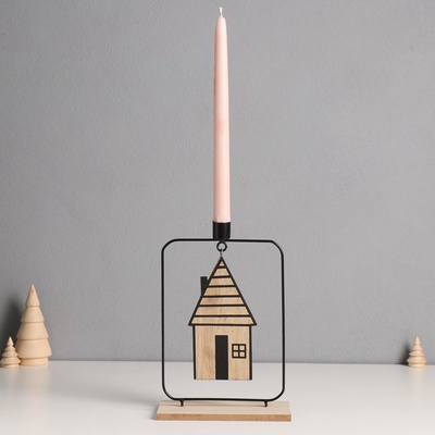 Подсвечник на 1 свечу «Домик», d=2 см, металл, дерево, 6×15×24 см