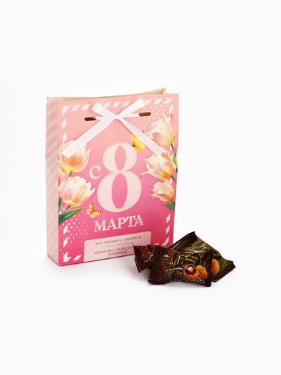 Подарочный набор «С 8 Марта» чай черный с лимоном и конфеты в коробке-пакете