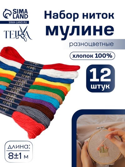 Нитки мулине TEIRA «Сочный», 8±1 м, 12 шт., разноцветные