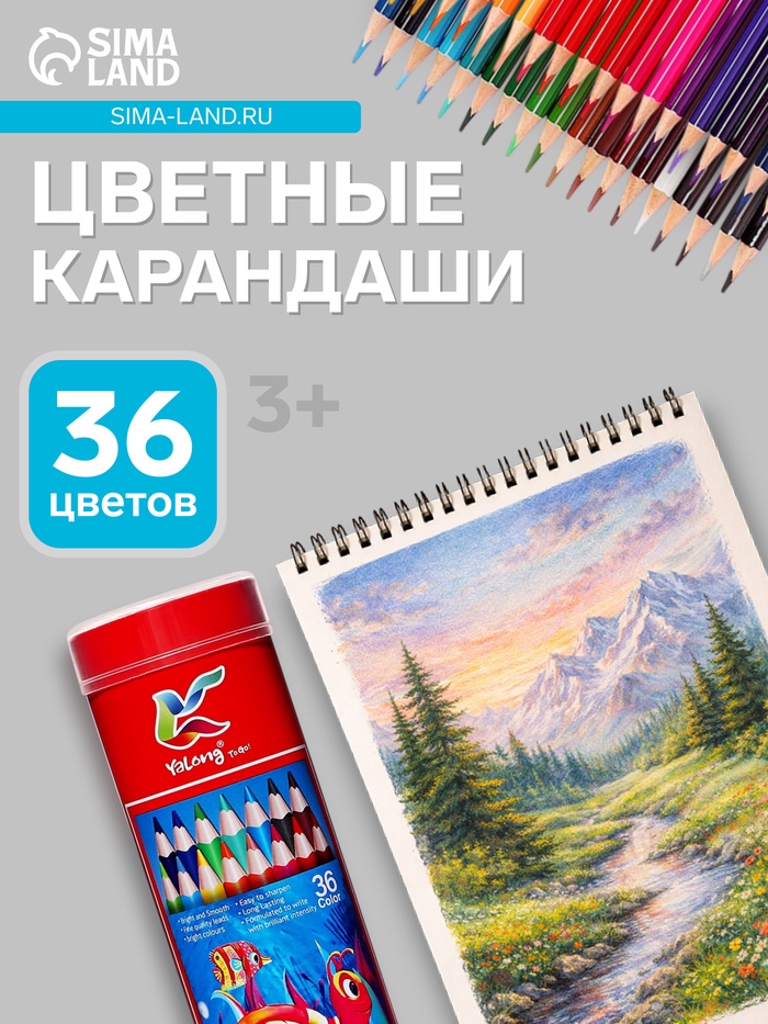 Карандаши 36 цветов, трехгранные, деревянные «Морские обитатели», в металлическом тубусе - Фото 1