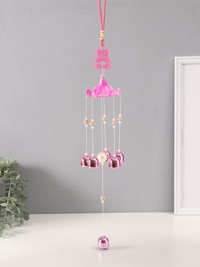 Музыка ветра от сглаза «Мишка с 6 колокольчиками», металл, розовый h=53 см