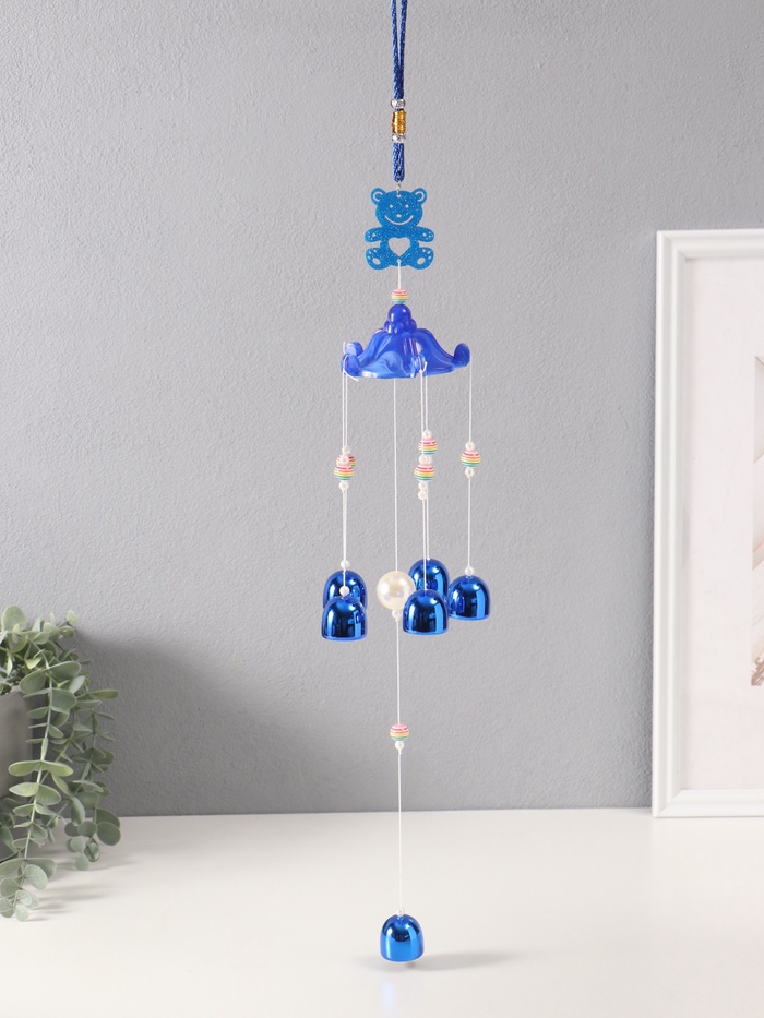 Музыка ветра от сглаза «Мишка с 6 колокольчиками», металл, синий h=53 см - Фото 1
