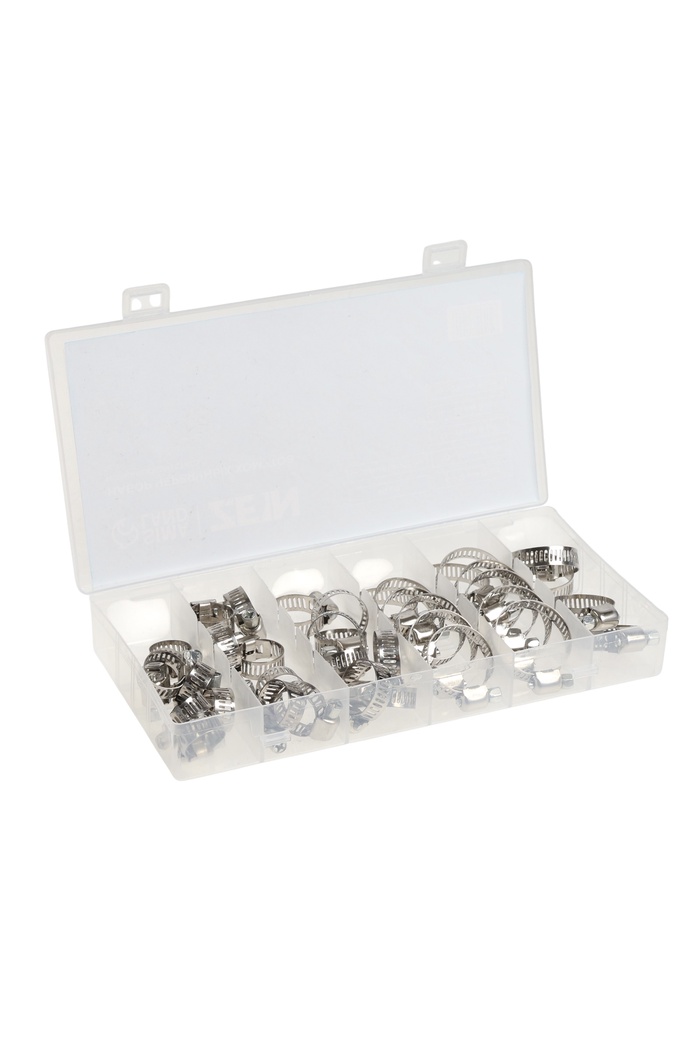 Набор червячных хомутов ZEIN engr, сквозная просечка, от 6 до 29 мм, нерж. сталь, 40 шт.