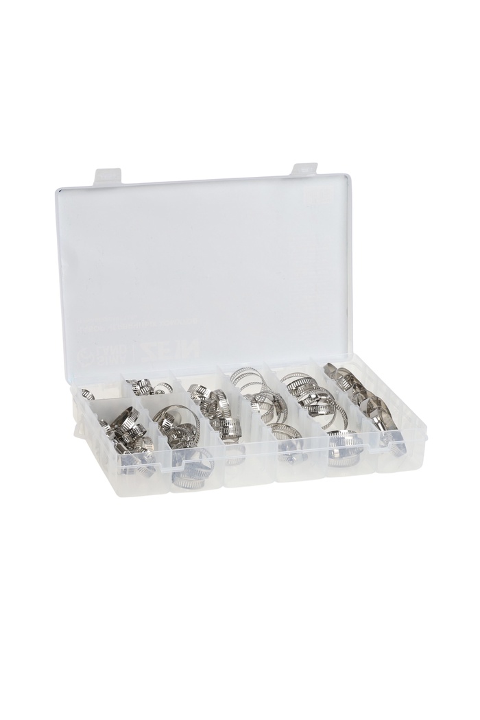 Набор червячных хомутов ZEIN engr, сквозная просечка, от 6 до 44 мм, нерж. сталь, 80 шт.