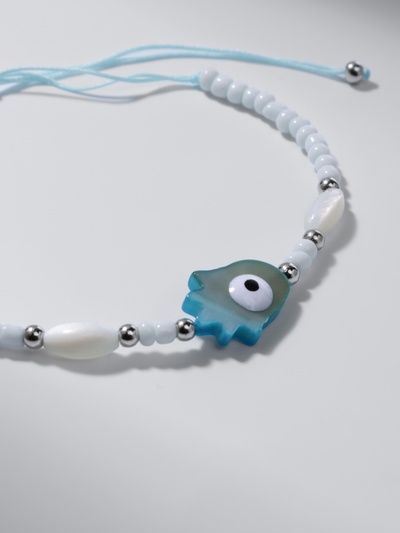 Браслет-оберег «Глазик» на нити, рука счастья Хамса, голубой в серебре