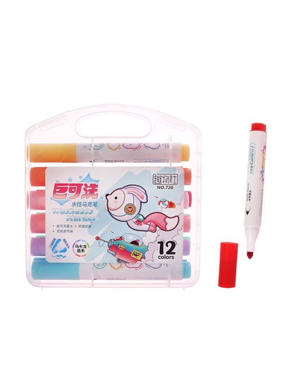 Фломастеры 12 цветов в пластиковом пенала, смываемые водой