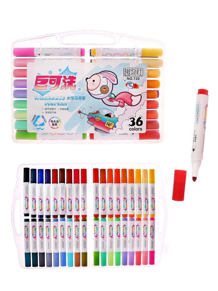 Фломастеры 36 цветов в пластиковом пенала, смываемые водой - Фото 1