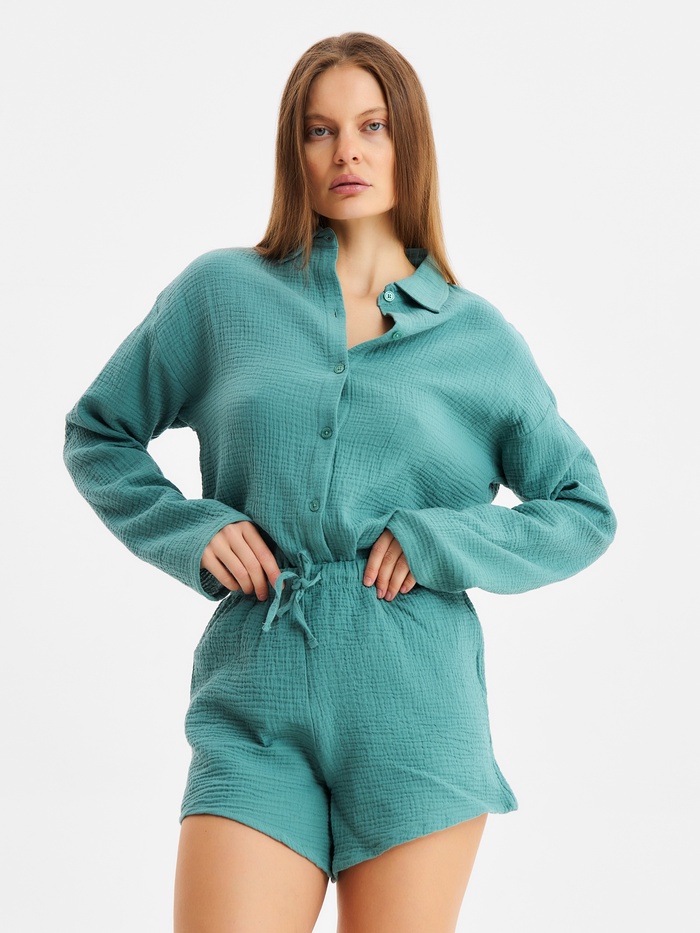 Пижама женская (рубашка, шорты) KAFTAN Basic, размер 44-46, зелёная - Фото 1