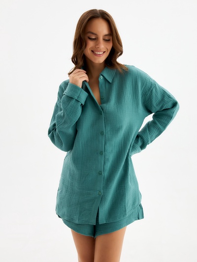 Пижама женская: рубашка, шорты, KAFTAN Basic, размер 52-54, зелёная