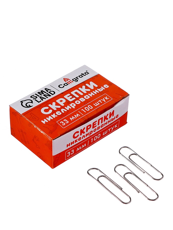 Скрепки 33 мм никелированные в картонной коробке 100 штук - Фото 1