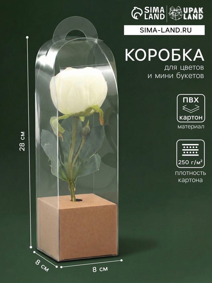 Коробка для мини-букетов и цветов, прозрачная с крафт-основанием 28×8×8 см, крафт - Фото 1