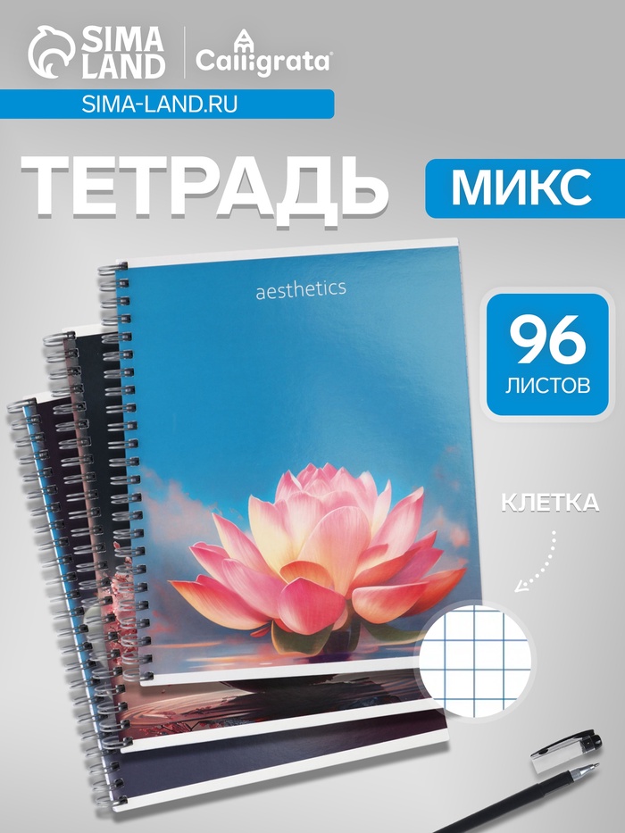 Тетрадь 96 листов в клетку, на гребне, Эстетика, МИКС - Фото 1