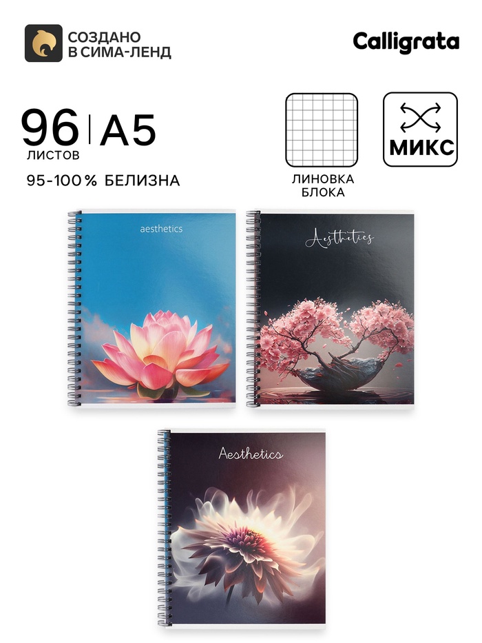 Тетрадь 96 листов в клетку, на гребне, Эстетика, МИКС - Фото 1