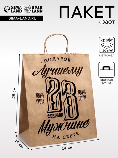 Пакет подарочный бумажный, «23 Февраля», крафт, 24×14×28 см