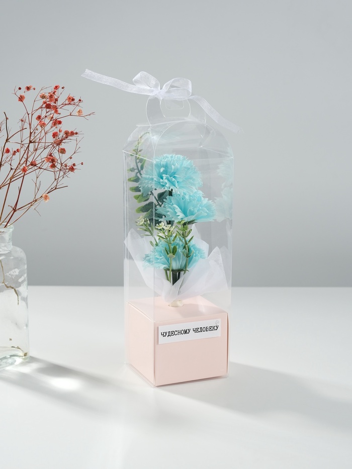 Букет из мыльных лепестков для ванны «Три гвоздики на подиуме», подарочный, голубой, 8×8×25 см - Фото 1