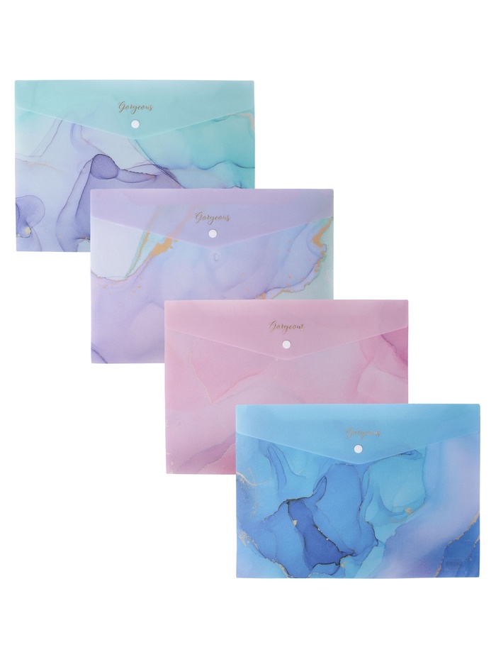 Папка-конверт на кнопке формат А4 180мкр блестящая МИКС Мрамор  (штрихкод на штуке) - Фото 1