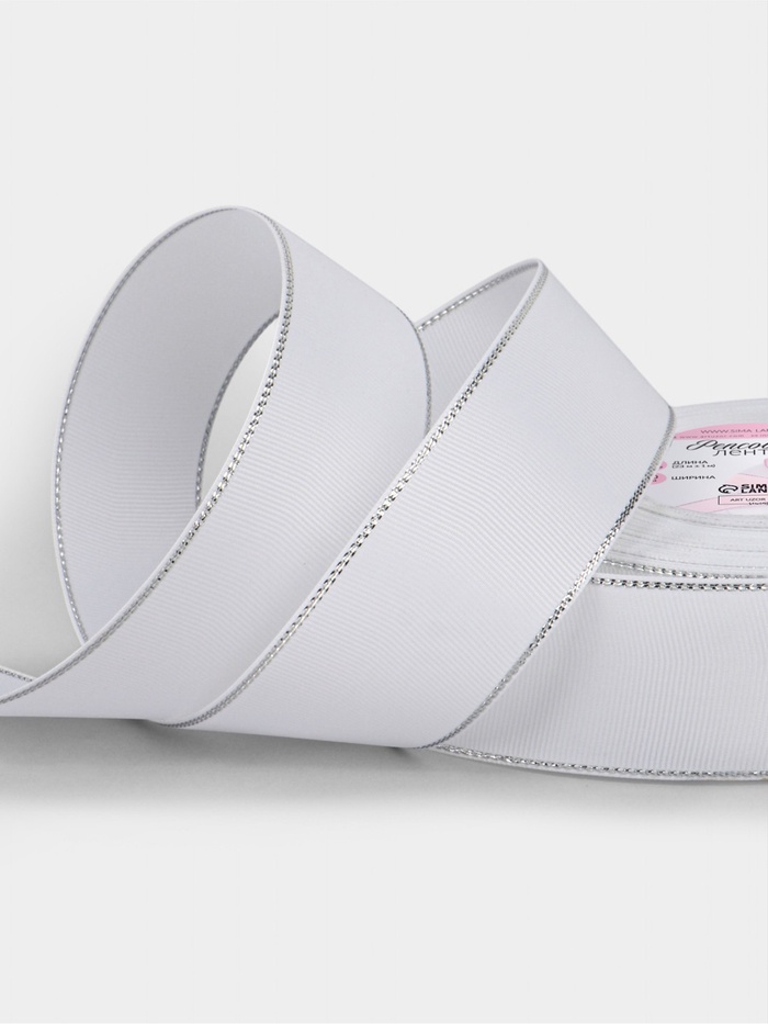 Лента репсовая, с серебряным люрексом, 40 мм, 23±1 м, белая №001 - Фото 1