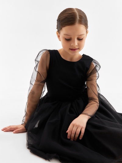 Платье нарядное для девочки MINAKU: PartyDress с рукавами, чёрное, рост 116-122 см
