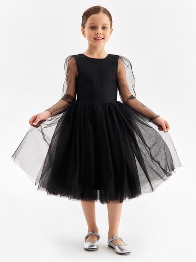 Платье нарядное для девочки MINAKU: PartyDress с рукавами, чёрное, рост 128-134 см
