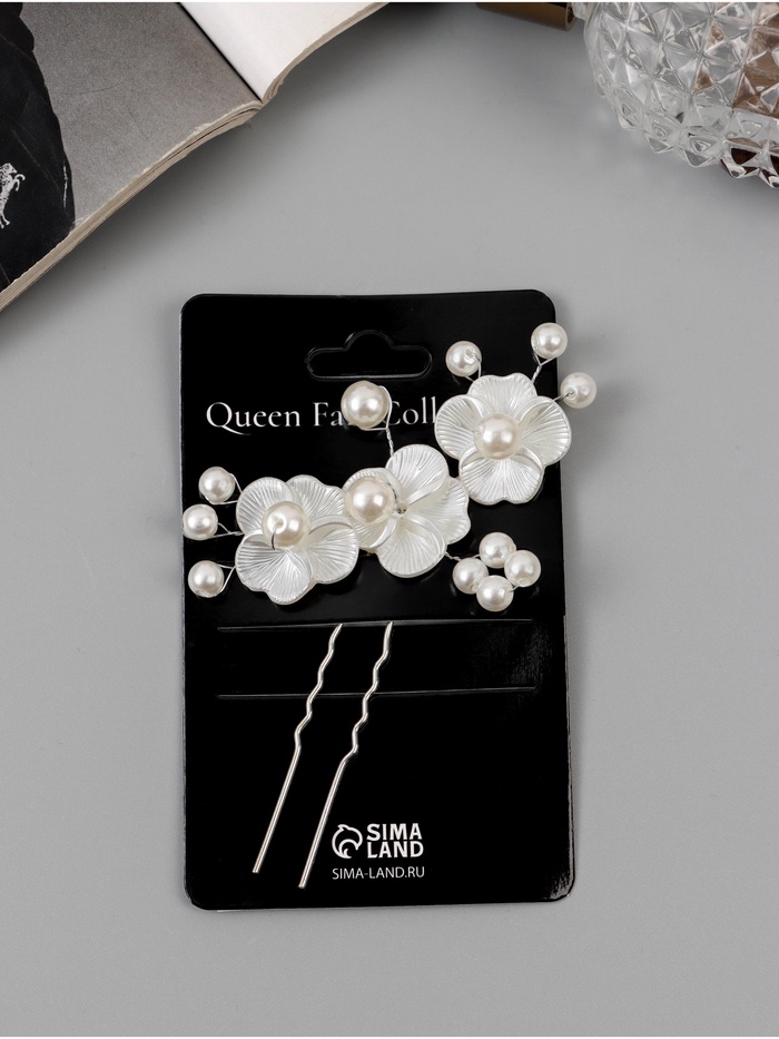 Шпилька для волос QF «Эмилия», резные цветы шарики, 9×6 см, белая